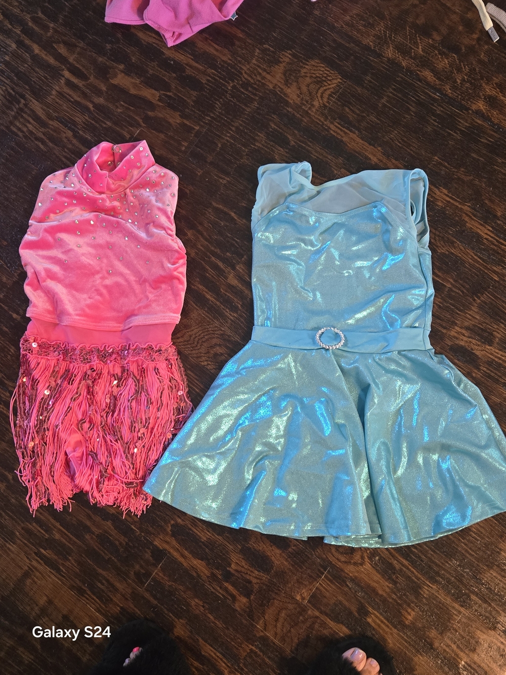 Weissman Hot Pink Fringe Dance Costume and Shiny Light Blue Skater Dress